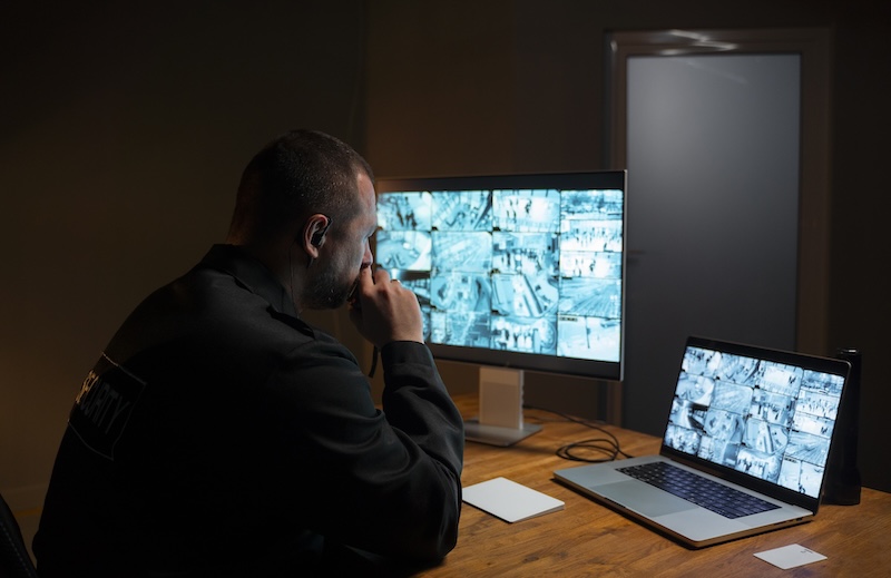 Man monitoring CCTV cameras on laptop and computer screen