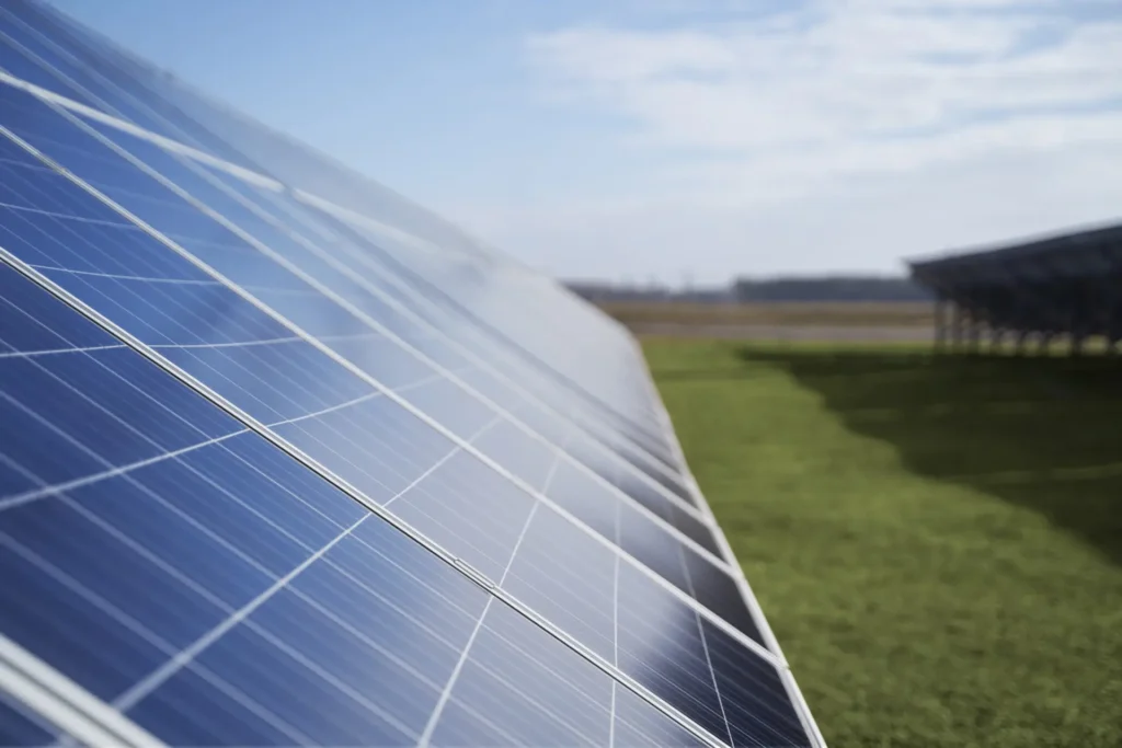 close up of a solar panel in solar farm