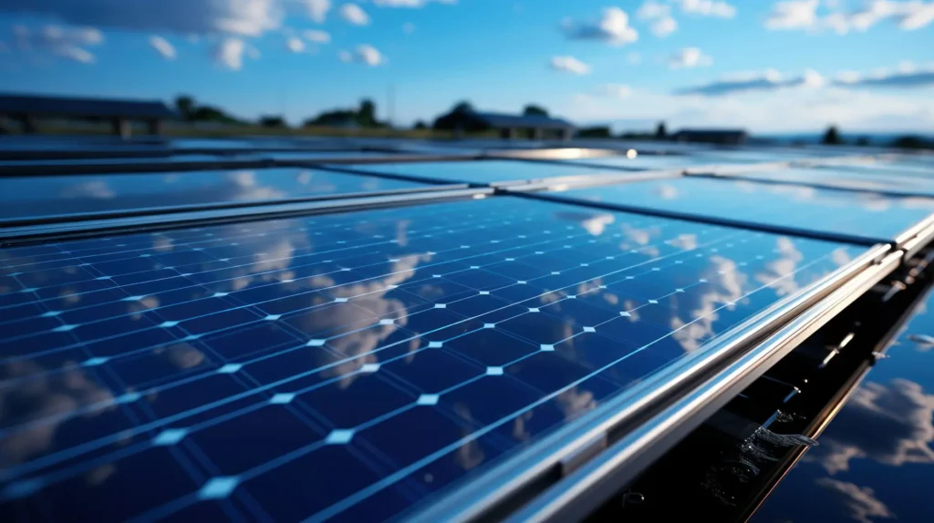 close up of solar panel in solar farm