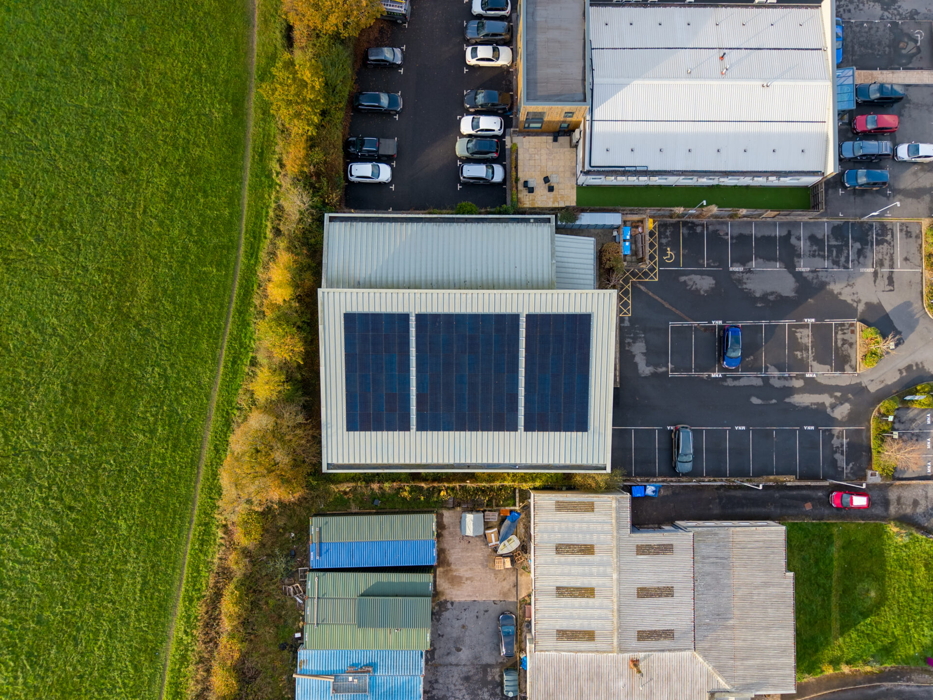 birds eye view of new commercial solar installation