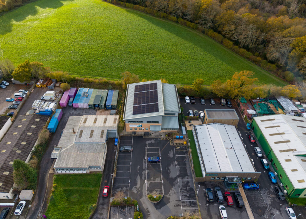 default birds eye view of solar panel install on commercial building