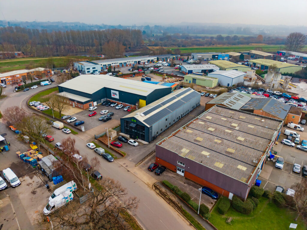 large drone shot of industrial units in Exeter