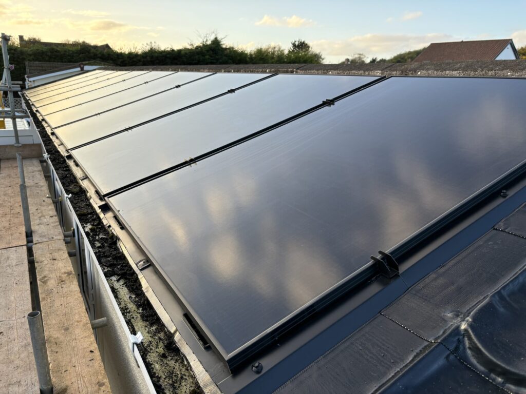 new solar panel installation on roof with scaffolding